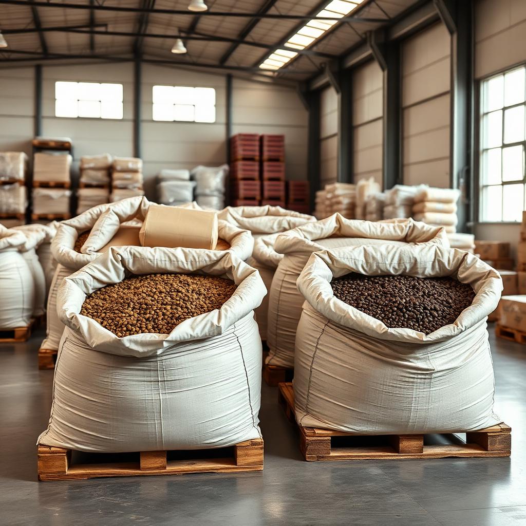 Bulk sacks of coffee beans on pallets in a wholesale warehouse