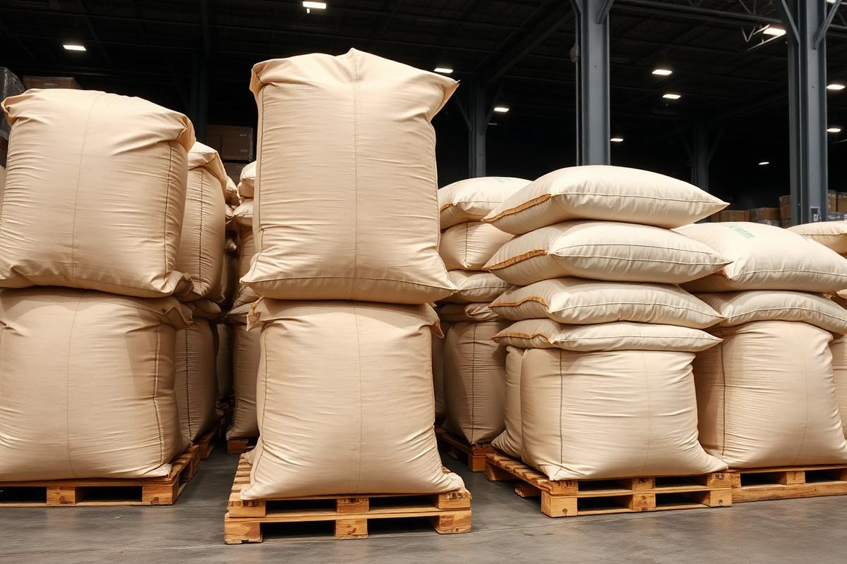 Palletised sacks of dry goods in a wholesale warehouse