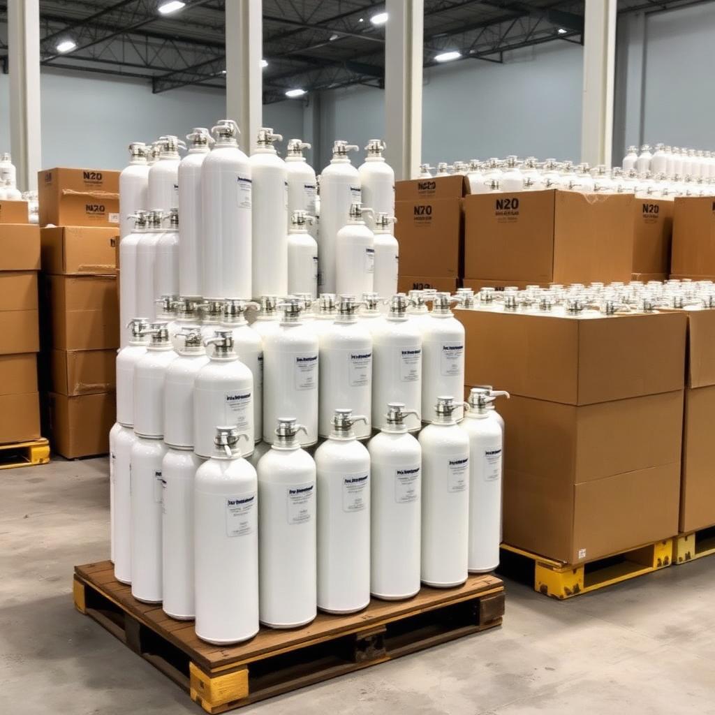 Food-grade 640g gas cylinders palletised for wholesale distribution