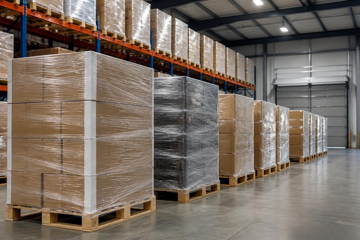 Palletised goods shrink-wrapped and ready for full-load dispatch in a wholesale warehouse