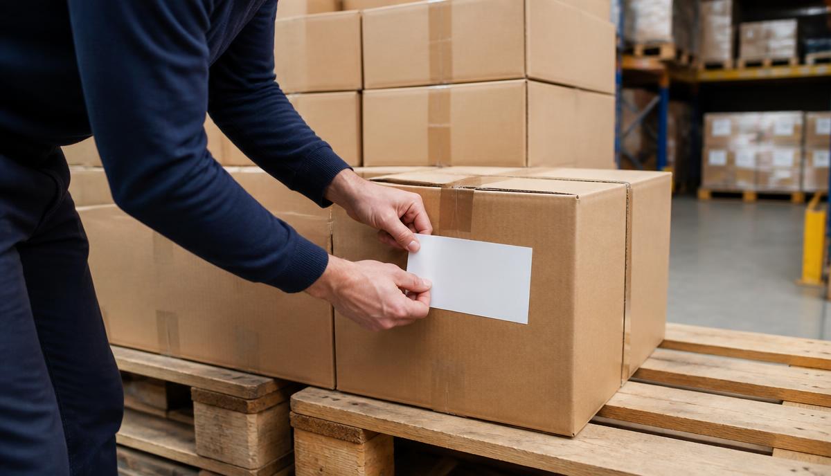 Warehouse worker applying a plain white label to an unbranded cardboard box on a pallet