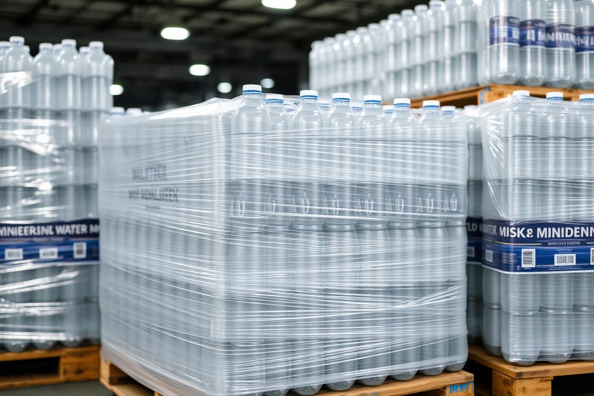 Bottled mineral water stacked for wholesale distribution